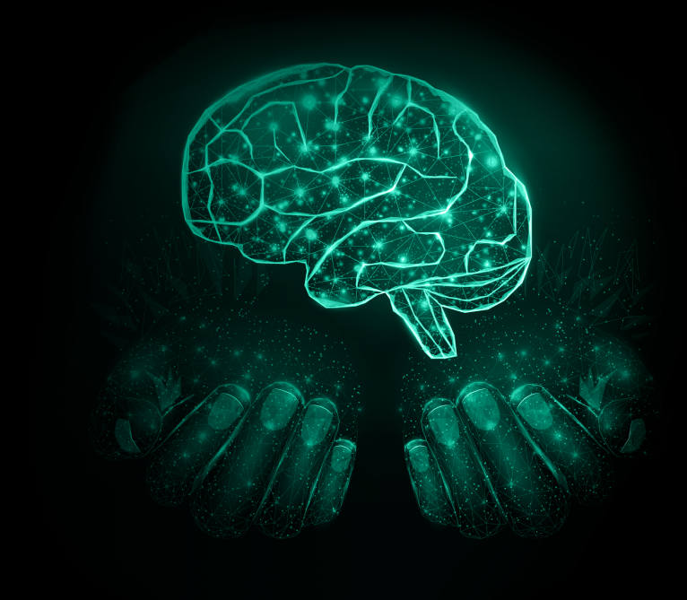 Green illuminated brain graphic made of lasers and light nodes being caringly held by two gentle hands of an identical though slightly dimmed light material.